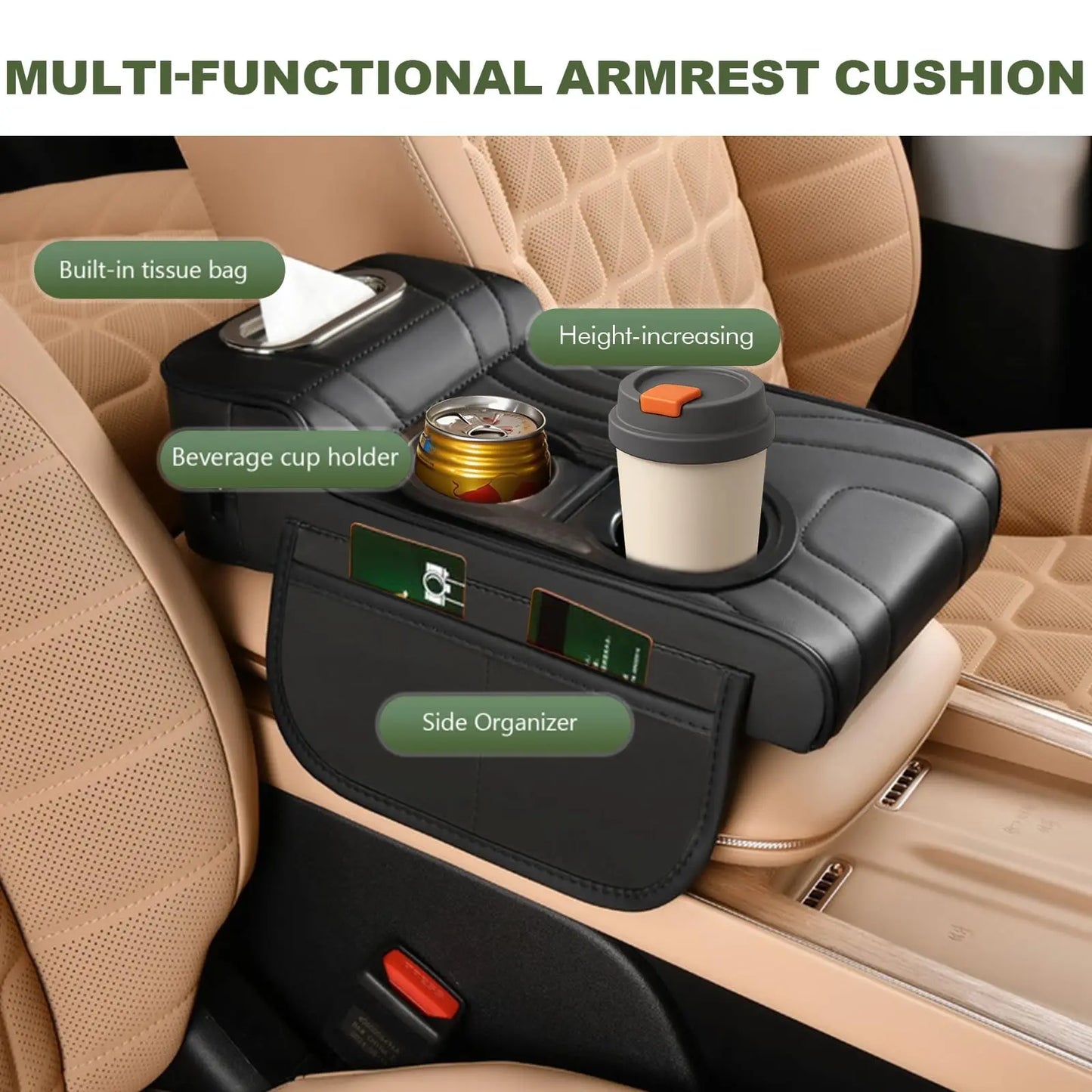 Car Armrest Cushion Cover – Console Pad with Tissue Holder & Cup Slot