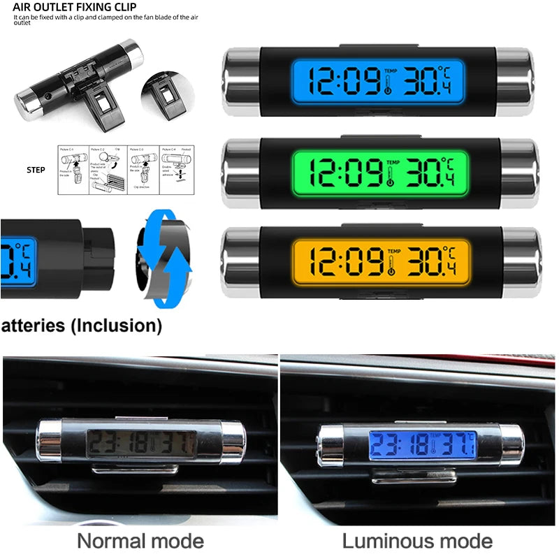 Clip-On Car Clock Thermometer – LCD Digital Display with Blue Backlight