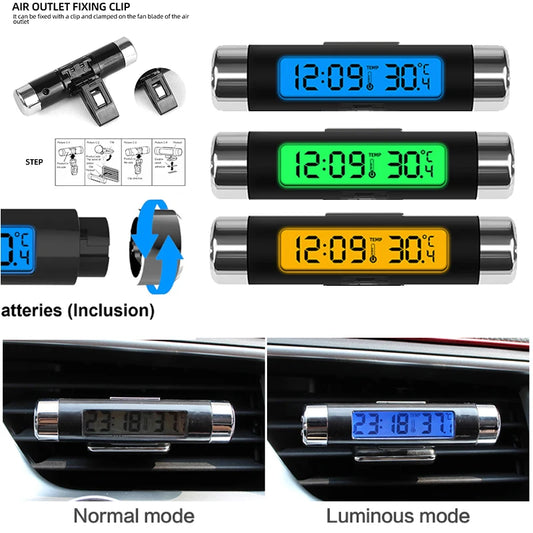 Relógio e Termômetro para Carro com Presilha – Display Digital LCD com Luz de Fundo Azul