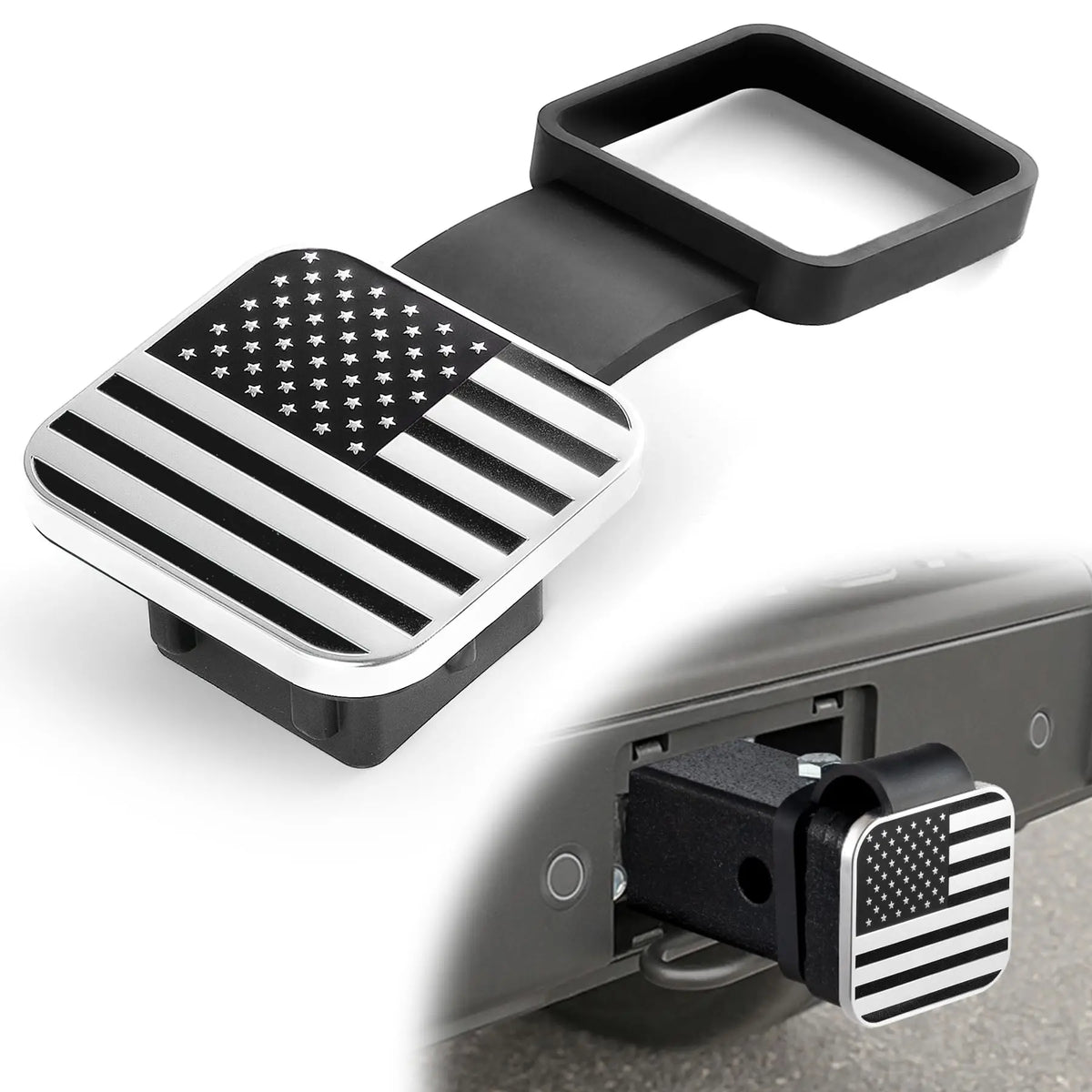 Trailer Hitch Receiver Cover - 2-Inch Aluminum & Rubber Plug