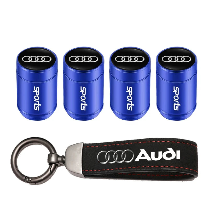 Car Tire Valve Caps + Leather Keychain Set | 4 Colors