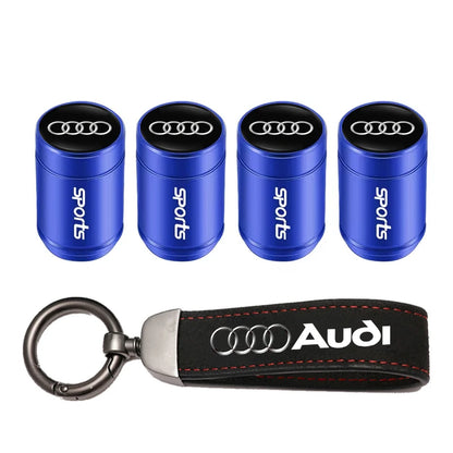 Car Tire Valve Caps + Leather Keychain Set | 4 Colors