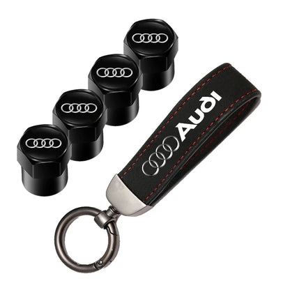Car Tire Valve Caps + Leather Keychain Set | 4 Colors