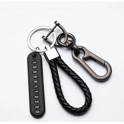 Anti-Lost Phone Number Keychain with Braided Leather Strap