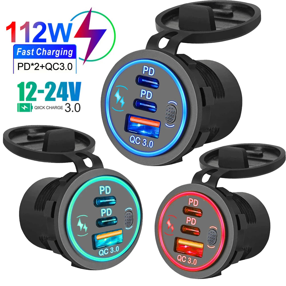 78W Dual USB-C Car Charger Socket – PD3.0 & QC3.0 Fast Charging, Waterproof