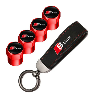 Car Tire Valve Caps + Leather Keychain Set | 4 Colors