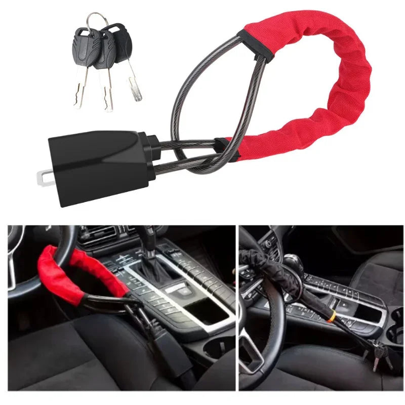 Universal Steering Wheel Lock – Anti-Theft Steel Cable with Window Breaker