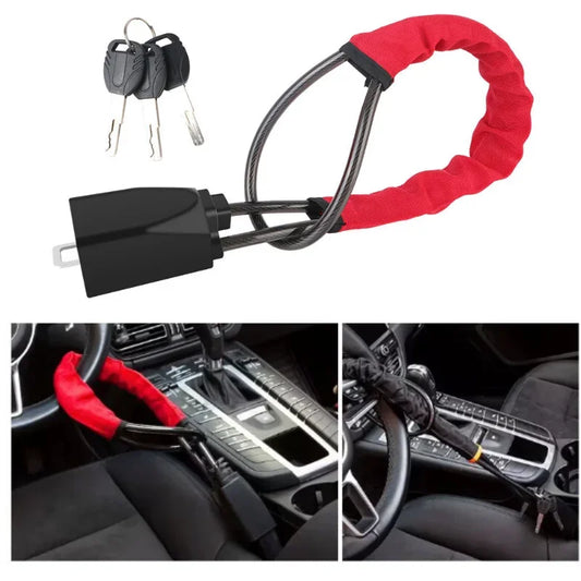 Universal Steering Wheel Lock – Anti-Theft Steel Cable with Window Breaker