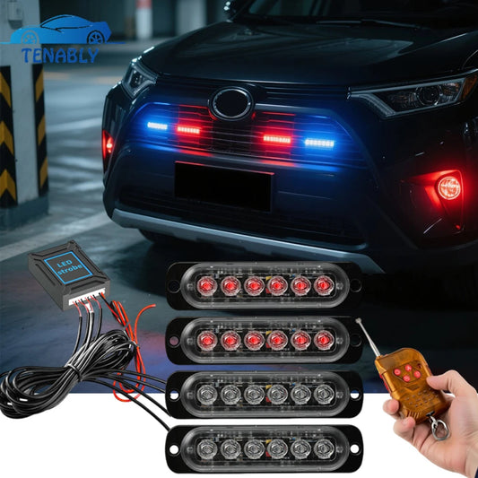 LED Strobe Warning Lights - 12-24V Car Grill Kit